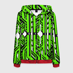 Мужская толстовка на молнии Чёрно-зелёные техно полосы на белом фоне