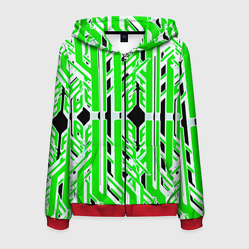 Мужская толстовка на молнии Бело-зелёные техно полосы на чёрном фоне / 3D-Красный – фото 1