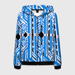 Толстовка 3D на молнии мужская Бело-синие техно полосы на чёрном фоне, цвет: 3D-черный
