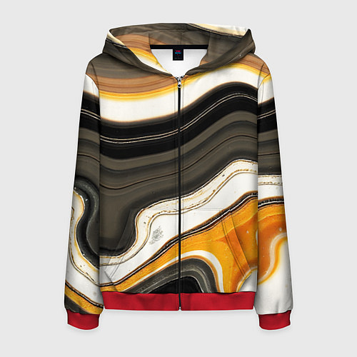 Мужская толстовка на молнии Волнистые чёрно-жёлтые полосы на белом фоне / 3D-Красный – фото 1