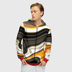 Толстовка 3D на молнии мужская Волнистые чёрно-жёлтые полосы на белом фоне, цвет: 3D-красный — фото 2