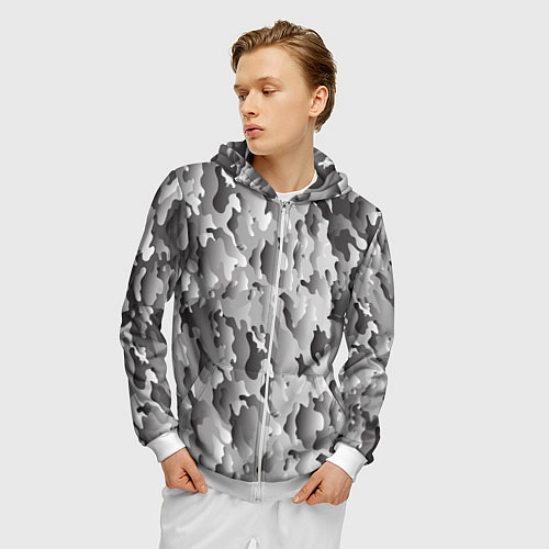 Мужская толстовка на молнии Монохромный камуфляж / 3D-Белый – фото 3