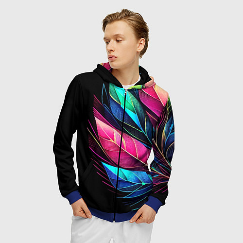 Мужская толстовка на молнии Букет из цветных перьев - неон / 3D-Синий – фото 3