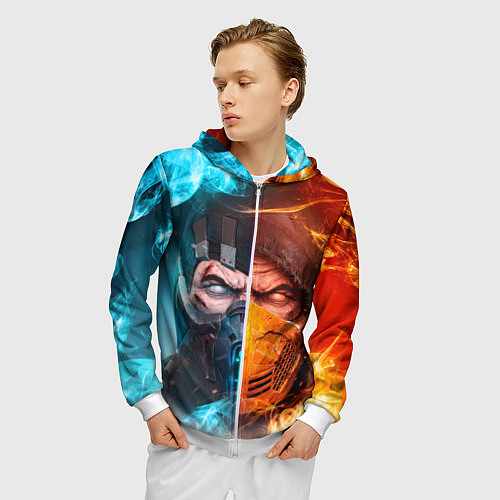 Мужская толстовка на молнии Mortal Kombat - Саб-зиро и Скорпион / 3D-Белый – фото 3