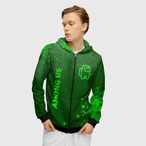 Мужская толстовка на молнии Among Us - green gradient вертикально / 3D-Черный – фото 3