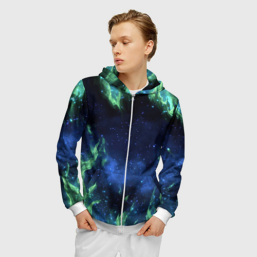 Мужская толстовка на молнии Зеленые языки пламени / 3D-Белый – фото 3