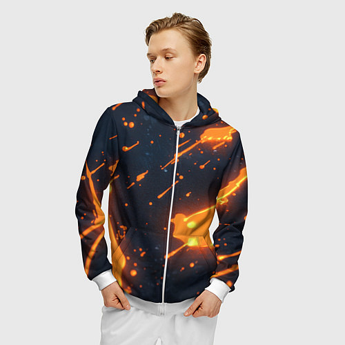 Мужская толстовка на молнии Оранжевая краска в движении / 3D-Белый – фото 3