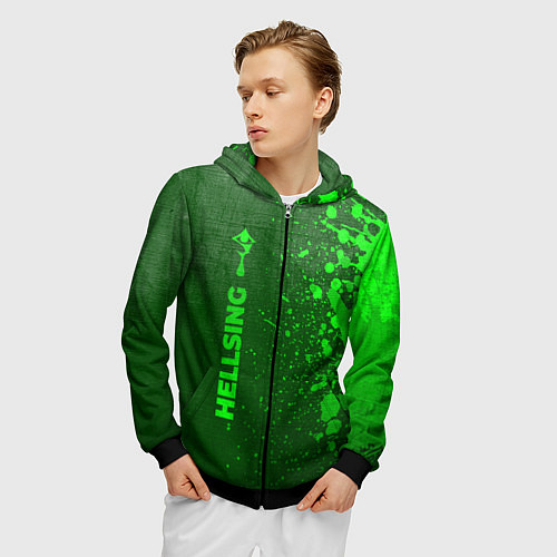 Мужская толстовка на молнии Hellsing - green gradient по-вертикали / 3D-Черный – фото 3