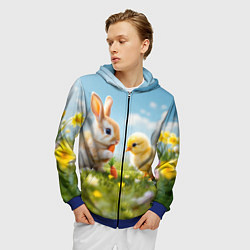 Толстовка 3D на молнии мужская Кролик и цыпленок встречают Пасху, цвет: 3D-синий — фото 2