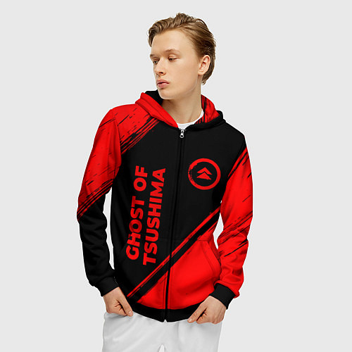 Мужская толстовка на молнии Ghost of Tsushima - red gradient вертикально / 3D-Черный – фото 3