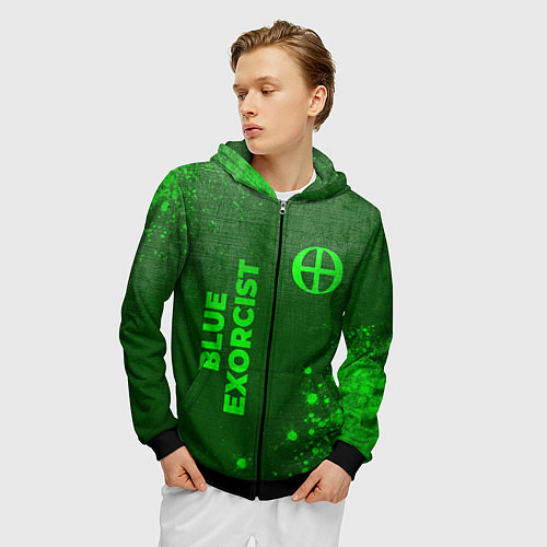 Мужская толстовка на молнии Blue Exorcist - green gradient вертикально / 3D-Черный – фото 3