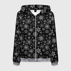 Толстовка 3D на молнии мужская Белые снежинки на черном, цвет: 3D-меланж