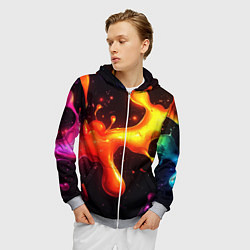 Толстовка 3D на молнии мужская Радужные кляксы на черном фоне, цвет: 3D-меланж — фото 2