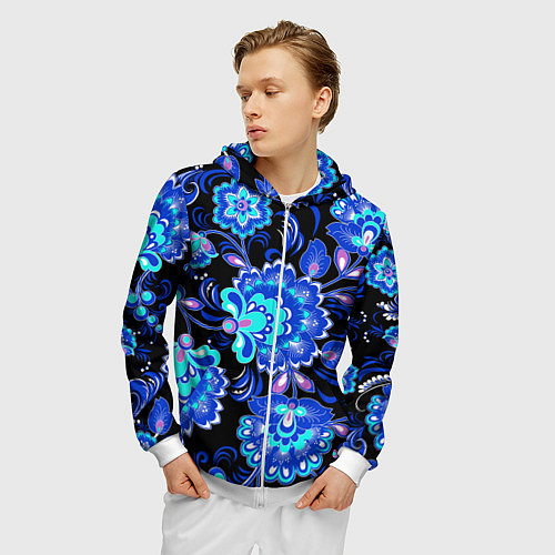 Мужская толстовка на молнии Хохлома негатив / 3D-Белый – фото 3