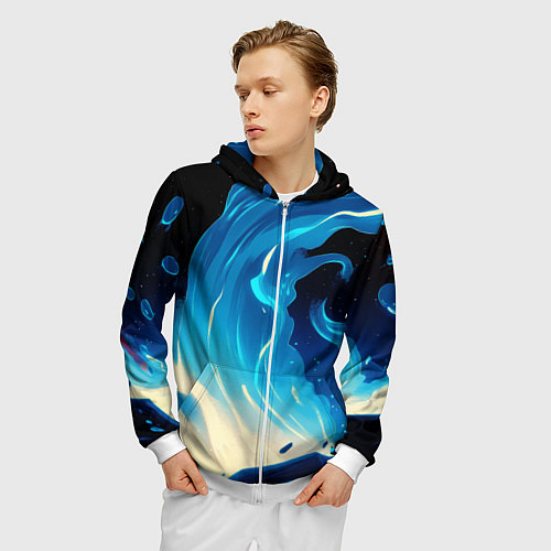 Мужская толстовка на молнии Бело-синее пламя из абстрактных красок / 3D-Белый – фото 3