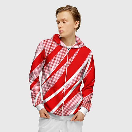 Мужская толстовка на молнии Красно-белый абстракция с полосами / 3D-Белый – фото 3