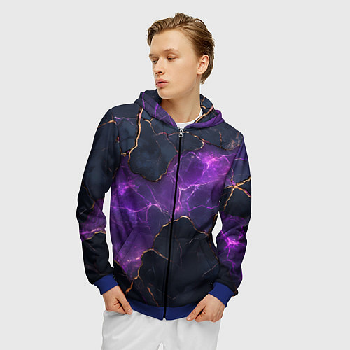 Мужская толстовка на молнии Фиолетовый разлом с молниями / 3D-Синий – фото 3