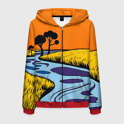 Мужская толстовка на молнии Пейзаж с фантастической природой / 3D-Красный – фото 1