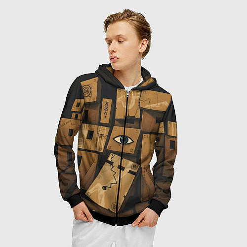 Мужская толстовка на молнии Коробки и глаз / 3D-Черный – фото 3