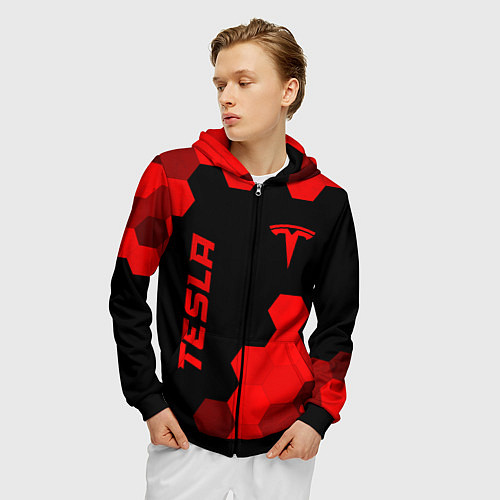 Мужская толстовка на молнии Tesla - red gradient вертикально / 3D-Черный – фото 3