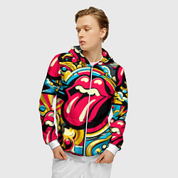 Толстовка 3D на молнии мужская Rolling Stones logo - pop art pattern, цвет: 3D-белый — фото 2