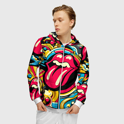 Мужская толстовка на молнии Rolling Stones logo - pop art pattern / 3D-Белый – фото 3