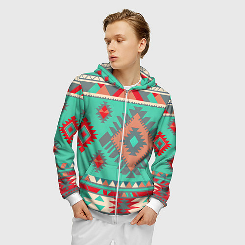 Мужская толстовка на молнии Оранжево бирюзовый геометрический узор в стиле ацт / 3D-Белый – фото 3