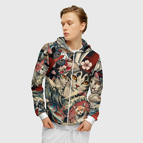 Мужская толстовка на молнии Котики и рыбки в сакуре / 3D-Белый – фото 3