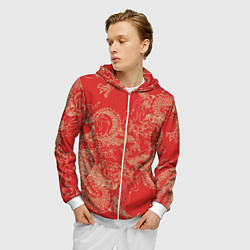 Толстовка 3D на молнии мужская Золотые драконы на красном, цвет: 3D-белый — фото 2