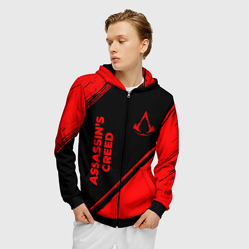 Мужская толстовка на молнии Assassins Creed - red gradient вертикально / 3D-Черный – фото 3