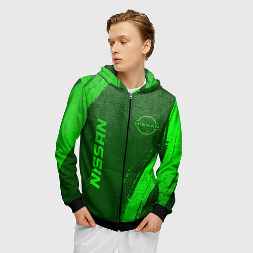 Мужская толстовка на молнии Nissan - green gradient вертикально / 3D-Черный – фото 3