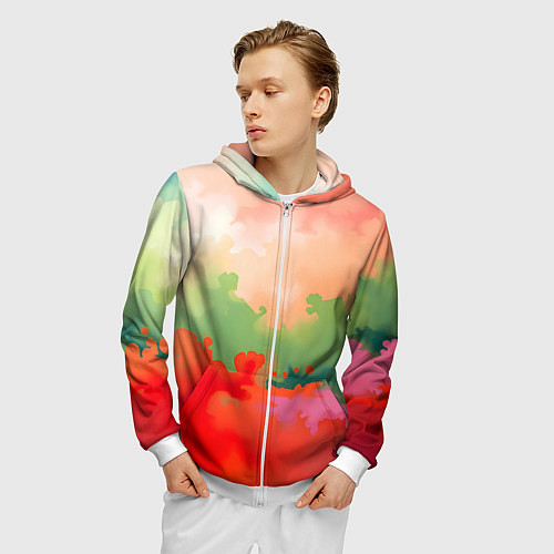 Мужская толстовка на молнии Красные и зеленые облака / 3D-Белый – фото 3