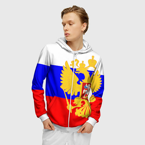 Мужская толстовка на молнии Герб с Флагом России / 3D-Белый – фото 3