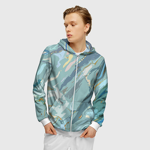Мужская толстовка на молнии Холодный голубой абстракция / 3D-Белый – фото 3