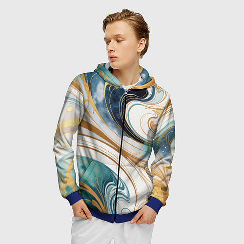 Мужская толстовка на молнии Аквамарин и оранж узор с завитками / 3D-Синий – фото 3