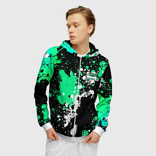Мужская толстовка на молнии Geely на фоне брызг граффити / 3D-Белый – фото 3