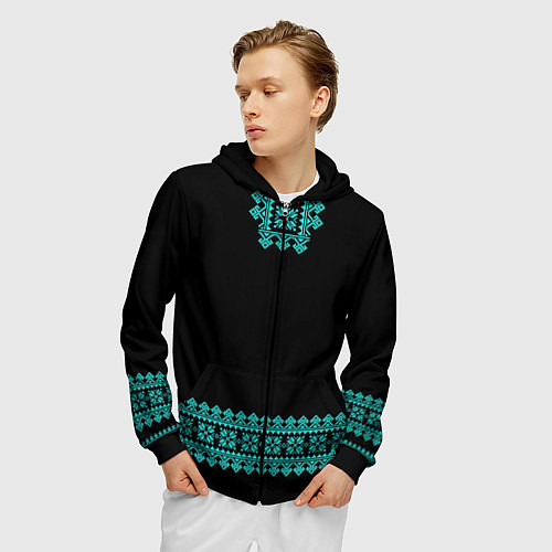 Мужская толстовка на молнии Славянские узоры и орнамент голубой - вышиванка ру / 3D-Черный – фото 3