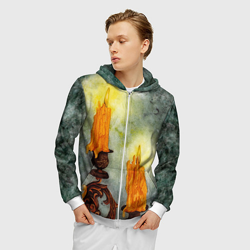 Мужская толстовка на молнии Две горящие свечи в темноте / 3D-Белый – фото 3