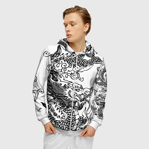 Мужская толстовка на молнии Татуировка дракона на белом / 3D-Белый – фото 3