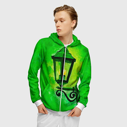Мужская толстовка на молнии Уличный зелёный фонарь / 3D-Белый – фото 3