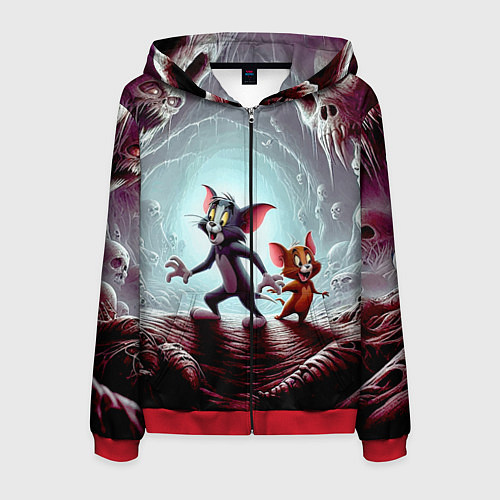 Мужская толстовка на молнии Том и Джерри в пещере ужасов - хэллоуин / 3D-Красный – фото 1