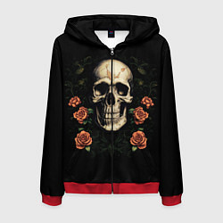 Толстовка 3D на молнии мужская Череп в красных розах, цвет: 3D-красный