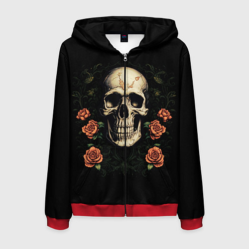 Мужская толстовка на молнии Череп в красных розах / 3D-Красный – фото 1
