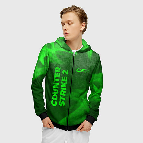 Мужская толстовка на молнии Counter Strike 2 - green gradient вертикально / 3D-Черный – фото 3