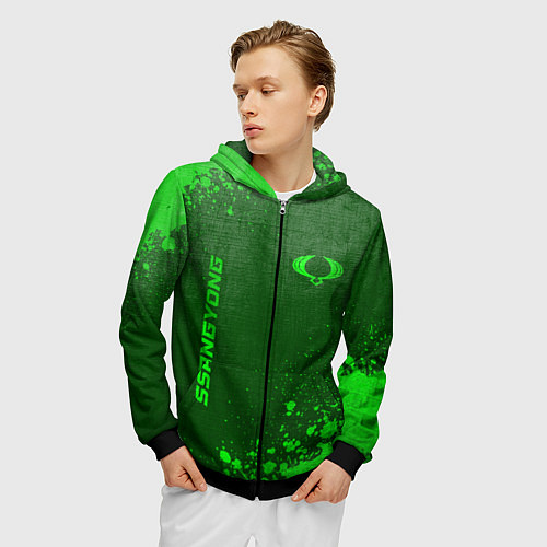 Мужская толстовка на молнии SsangYong - green gradient вертикально / 3D-Черный – фото 3