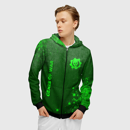 Мужская толстовка на молнии Gears of War - green gradient вертикально / 3D-Черный – фото 3