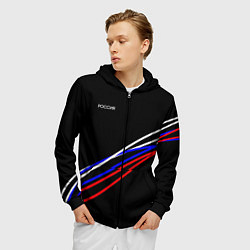 Толстовка 3D на молнии мужская Россия полосы бело-сине-красные на чёрном, цвет: 3D-черный — фото 2