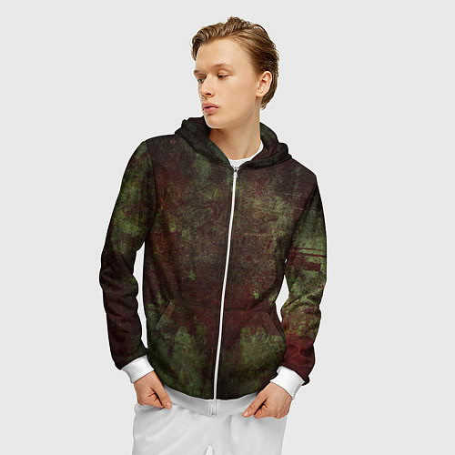 Мужская толстовка на молнии Абстракция - green fabric soaked in red paint / 3D-Белый – фото 3