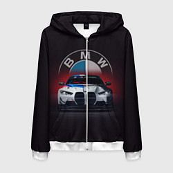 Толстовка 3D на молнии мужская BMW на красном фоне, цвет: 3D-белый