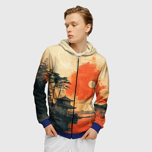 Мужская толстовка на молнии Рыбацкий дом на закате / 3D-Синий – фото 3